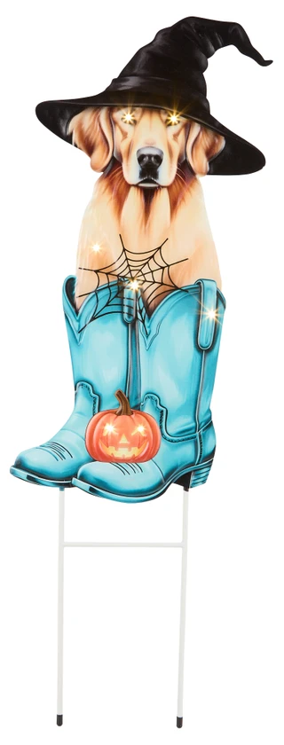 Thumbnail 1: Magical Season 31 in Halloween Dog Witch in Boots Metal LED Yard Stake 