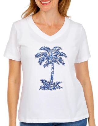 Thumbnail 1: Coral Bay Women's Short Sleeve Palm Tree V-Neck Top 