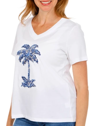 Thumbnail 4: Coral Bay Women's Short Sleeve Palm Tree V-Neck Top 