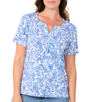 Thumbnail 1: Coral Bay Women's Short Sleeve Split Neck Print Top 