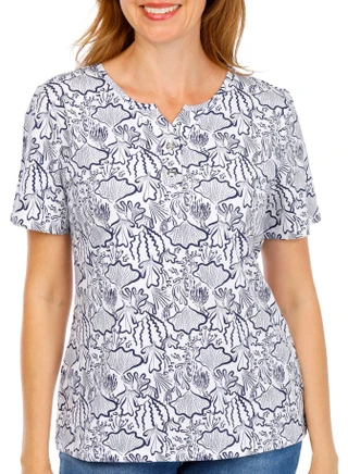 Thumbnail 1: Coral Bay Women's Henley Toggle Under The Sea Print Top 