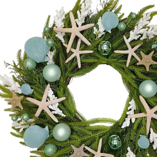 Thumbnail 2: Magical Season 24" Coastal Starfish, Seashell & Pine Spiral Vine Wreath 