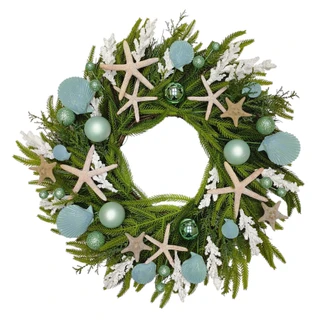 Thumbnail 1: Magical Season 24" Coastal Starfish, Seashell & Pine Spiral Vine Wreath 