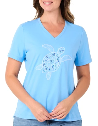 Thumbnail 2: Coral Bay Women's Short Sleeve Turtle V-Neck Top 