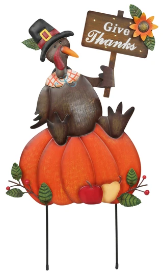 Thumbnail 1: Autumn Gatherings 24 in Harvest Turkey on a Pumpkin LED Metal Yard Sign 