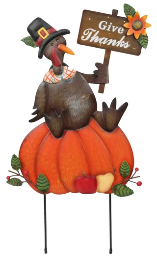 Thumbnail 3: Autumn Gatherings 24 in Harvest Turkey on a Pumpkin LED Metal Yard Sign 