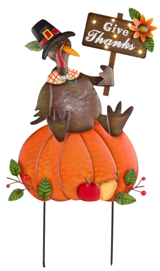 Thumbnail 1: Autumn Gatherings 24 in Harvest Turkey on a Pumpkin LED Metal Yard Sign 