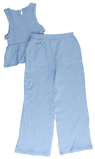 Thumbnail 2: No Comment Girl's 2 Pc Sleevess Smocked Gauze Top & Pants Set 