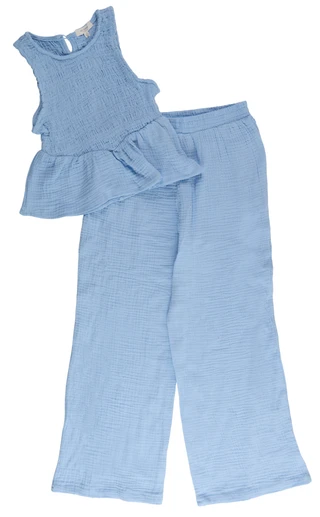 Thumbnail 1: No Comment Girl's 2 Pc Sleevess Smocked Gauze Top & Pants Set 
