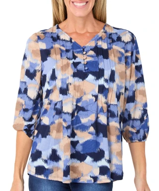 Thumbnail 1: Vera Rose Women's 3/4 Sleeve Abstract Print Henley Top 