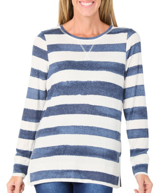 Thumbnail 1: BOBEAU Petite Long Sleeve Striped Sweater Knit Top 