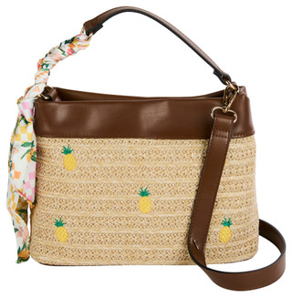 Thumbnail 1: BCBGeneration Embroidered Straw Double Compartment Satchel Bag with Scarf 