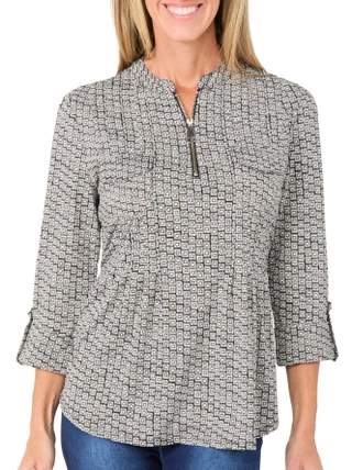 Thumbnail 1: Vera Rose Women's 3/4 Sleeve Printed Zipper Front Top 