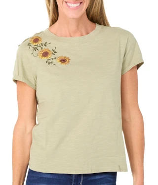 Thumbnail 1: BUNULU Women's Short Sleeve Embroidered Sunflower Top 