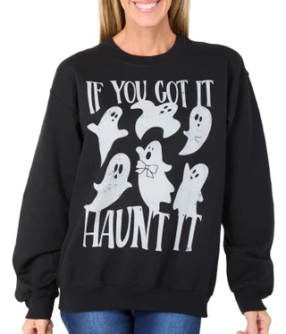 Thumbnail 1: Goodie Two Sleeves  Women's Long Sleeve Haunt It Ghost Graphic Sweater 