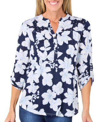 Thumbnail 1: Vera Rose Women's 3/4 Sleeve Embellished Floral Henley Top 