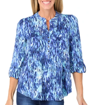 Thumbnail 1: Cocomo Petite 3/4 Sleeve Abstract Print Henley Top 