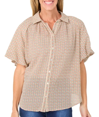 Thumbnail 1: MAX STUDIO Plus Short Sleeve Printed Button Down Top 