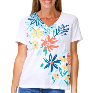 Thumbnail 1: Coral Bay Women's Short Sleeve Floral V-Neck Top 