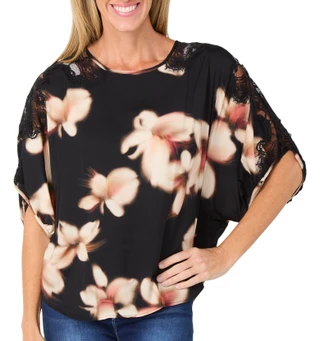 Thumbnail 1: Democracy Women's Short Sleeve Printed Lace Dolman Top 