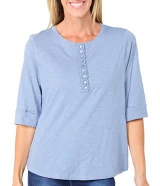 Thumbnail 1: Democracy Women's Elbow Sleeve Crochet Henley Knit Top 