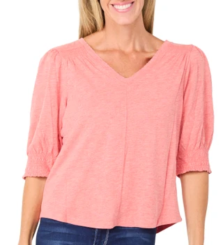Thumbnail 1: Democracy Women's 3/4 Sleeve Scalloped V Neck Knit Top 