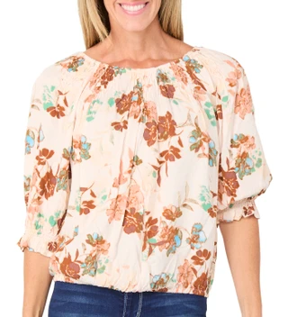Thumbnail 1: Democracy Women's 3/4 Sleeve Smocked Printed Floral Top 