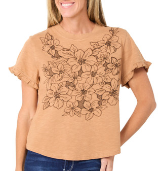 Thumbnail 1: Democracy Women's Short Sleeve Botanical Graphic Ruffle Top 