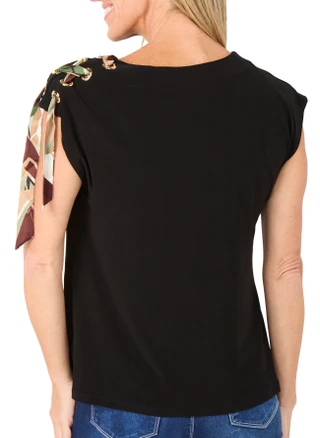 Thumbnail 2: NINE WEST Women's Short Sleeve Grommet Shoulder Tie Top 