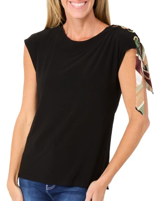 Thumbnail 1: NINE WEST Women's Short Sleeve Grommet Shoulder Tie Top 