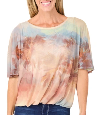 Thumbnail 1: Democracy Women's Short Sleeve Tropical Print Bubble Hem Top 