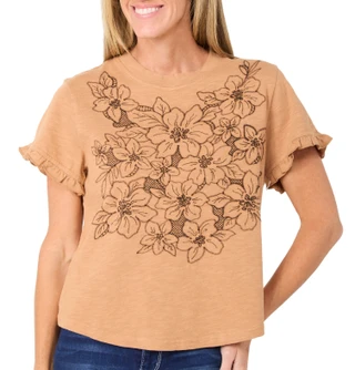 Thumbnail 1: Democracy Petite Short Sleeve Botanical Graphic Ruffle Top 