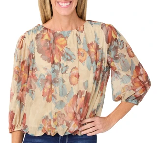 Thumbnail 1: Vera Rose Women's 3/4 Sleeve Printed Mesh Bubble Hem Top 