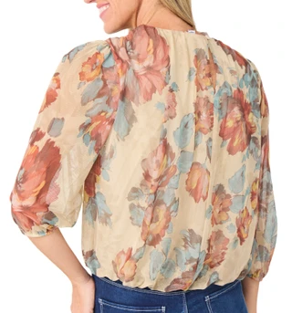 Thumbnail 2: Vera Rose Women's 3/4 Sleeve Printed Mesh Bubble Hem Top 