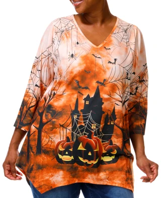 Thumbnail 1: ONE WORLD Plus 3/4 Sleeve Bat Web V Neck Top 