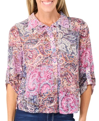 Thumbnail 1: Vera Rose Women's 3/4 Sleeve Sheer Printed Button Down Top 