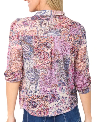 Thumbnail 2: Vera Rose Women's 3/4 Sleeve Sheer Printed Button Down Top 
