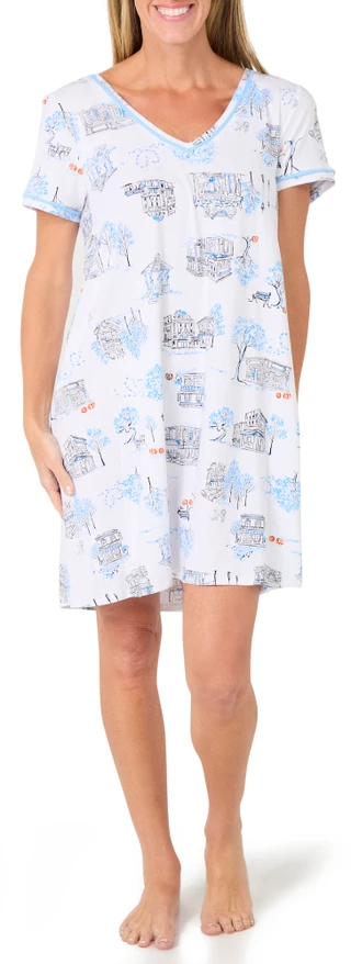 Thumbnail 1: Cuddl Duds Womens Short Sleeve Harvest Toile V Neck Nightgown  