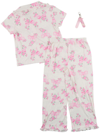 Thumbnail 2: B TWEEN Girls 3 Pc Short Sleeve Floral & Bows Pajama Pants Set 