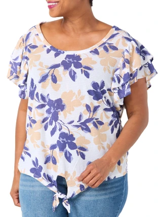 Thumbnail 1: Coral Bay Plus Flutter Sleeve Tie Front Waffle Top 