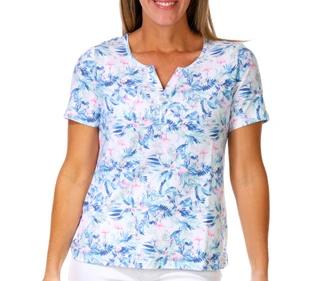 Thumbnail 1: Coral Bay Petite Split Henley Flamingo in Fronds Print Tee 
