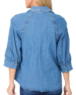 Thumbnail 2: Democracy Women's 3/4 Sleeve Button Down Scalloped Denim Top 