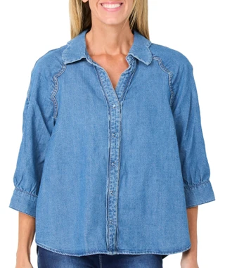 Thumbnail 1: Democracy Women's 3/4 Sleeve Button Down Scalloped Denim Top 