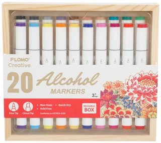 Thumbnail 1: FLOMO 20-Pc Dual Tip Alcohol Markers in Wooden Box 