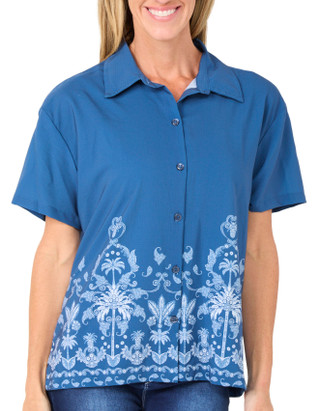 Thumbnail 1: REEL LEGENDS Women's Short Sleeve Coastal Border Button Down Top 