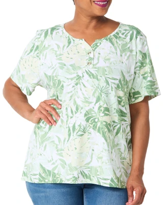 Thumbnail 1: Coral Bay Plus Henley Toggle Grommet Mosteras Frond Print Tee 