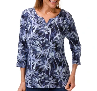 Thumbnail 1: Coral Bay Plus 3/4 Sleeve Tropical Palm Print Henley Top 