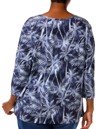 Thumbnail 2: Coral Bay Plus 3/4 Sleeve Tropical Palm Print Henley Top 
