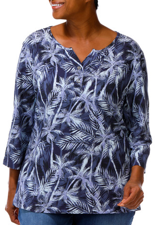 Thumbnail 1: Coral Bay Plus 3/4 Sleeve Tropical Palm Print Henley Top 