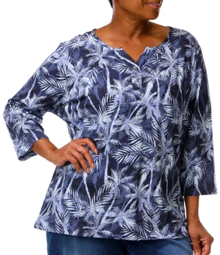 Thumbnail 3: Coral Bay Plus 3/4 Sleeve Tropical Palm Print Henley Top 